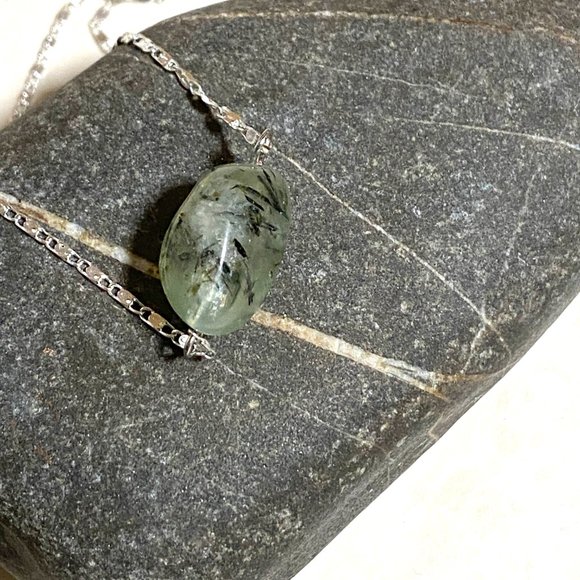 2/$20, Dark Green Prehnite Necklace, Genuine Tumbled Gemstone Bar Pendant - Picture 5 of 10